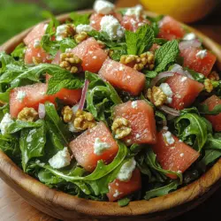 Arugula, also known as rocket, is a leafy green that brings a unique peppery flavor to salads. This nutrient-dense green is not only delicious but also packed with health benefits. Arugula is rich in vitamins A, C, and K, as well as folate and calcium. Its slightly bitter taste complements the sweetness of watermelon beautifully, making it a perfect base for this salad. When selecting arugula, look for vibrant, dark green leaves that are crisp and free from wilting.