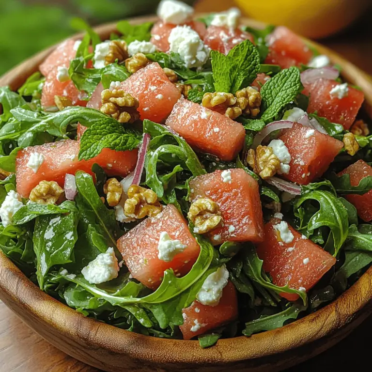 Arugula, also known as rocket, is a leafy green that brings a unique peppery flavor to salads. This nutrient-dense green is not only delicious but also packed with health benefits. Arugula is rich in vitamins A, C, and K, as well as folate and calcium. Its slightly bitter taste complements the sweetness of watermelon beautifully, making it a perfect base for this salad. When selecting arugula, look for vibrant, dark green leaves that are crisp and free from wilting.