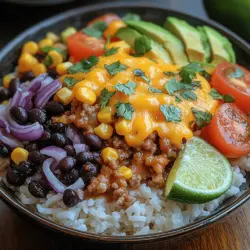 - 1 cup long-grain white rice (or quinoa for a gluten-free option) - 2 cups low-sodium chicken or vegetable broth - 1 pound ground turkey (or a plant-based meat alternative) - 1 can (15 oz) black beans, drained and rinsed - 1 cup corn kernels (fresh or frozen) - 1 medium onion, diced - 2 cloves garlic, minced - 1 teaspoon chili powder - 1 teaspoon cumin - Salt and pepper, to taste - 1 large avocado, diced - 1 cup cherry tomatoes, halved - Fresh cilantro for garnish - Lime wedges for serving