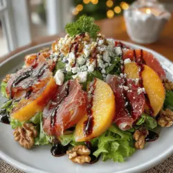 One of the standout features of the Peach & Prosciutto Salad is the addition of cheese and nuts, which significantly enhances both the flavor profile and texture of the dish. For this recipe, we recommend using creamy burrata or tangy feta cheese, as both options complement the sweetness of the peaches beautifully. Burrata, with its rich, buttery center, adds a luxurious creaminess that contrasts nicely with the crispy prosciutto and juicy fruit. Alternatively, feta provides a crumbly texture and a salty kick that balances the sweetness of the peaches perfectly.