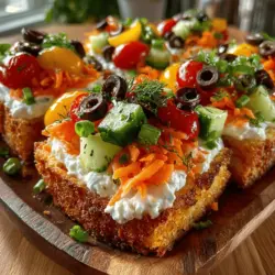 Chilled Garden Delight Squares are a delightful culinary creation that perfectly encapsulates the essence of fresh, vibrant flavors while offering a nutritious option for both gatherings and casual lunches. This dish stands out not only for its aesthetic appeal but also for its versatility—ideal as a light appetizer at parties or as a refreshing lunch option on a warm day. The combination of colorful vegetables layered on a creamy base yields a satisfying bite that pleases both the palate and the eye.