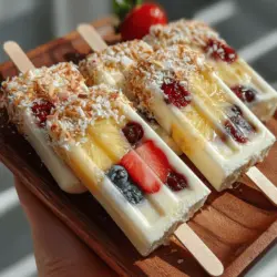 To elevate the flavor profile of your Tropical Bliss Coconut Banana Yogurt Pops, folding in shredded coconut and fresh fruits is a delightful step. Shredded coconut not only boosts the tropical essence of the pops but also adds a chewy texture that contrasts beautifully with the creaminess of the yogurt and bananas. Opt for unsweetened shredded coconut for a healthier option that allows the natural sweetness of the fruits to shine through.