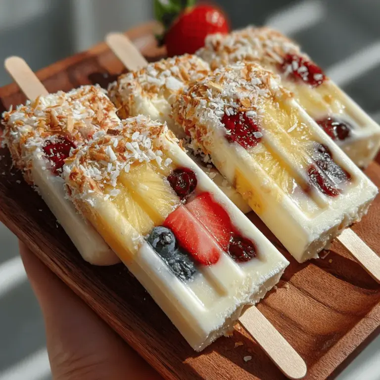 To elevate the flavor profile of your Tropical Bliss Coconut Banana Yogurt Pops, folding in shredded coconut and fresh fruits is a delightful step. Shredded coconut not only boosts the tropical essence of the pops but also adds a chewy texture that contrasts beautifully with the creaminess of the yogurt and bananas. Opt for unsweetened shredded coconut for a healthier option that allows the natural sweetness of the fruits to shine through.