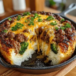 In the whirlwind of daily life, finding time to cook a wholesome meal can often feel like a daunting task. Enter the One-Pan Cheesy Beef and Broccoli Rice Bake, a dish that brings together convenience, flavor, and nutrition in a single baking dish. This delightful recipe stands out not only for its ease of preparation but also for its ability to satisfy even the pickiest eaters in your family. Imagine a savory blend of seasoned ground beef, tender broccoli, and creamy cheddar cheese, all enveloped in fluffy rice. This dish is a culinary hug, perfect for a cozy family dinner or a make-ahead meal for busy weekdays.