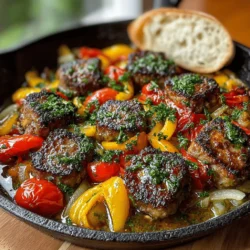 Sizzling Italian Sausage & Peppers Skillet is a classic dish that beautifully encapsulates the essence of Italian cooking. With its rich flavors, vibrant colors, and comforting aroma, this one-pan meal is perfect for a busy weeknight or a casual gathering with friends and family. The combination of juicy Italian sausage and sweet bell peppers creates a symphony of taste that is both satisfying and indulgent. What makes this dish particularly appealing is its versatility; you can easily customize the ingredients based on your preferences or what you have on hand. Whether you prefer mild or spicy sausage, or whether you want to throw in some extra vegetables, this recipe can adapt to suit your culinary whims.
