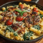 The combination of protein, vegetables, and whole grains in this Creamy Chicken and Spinach Pasta Skillet makes it an appealing option for a variety of dietary preferences. The creamy texture of the sauce perfectly complements the tender chicken and the slight crunch of the spinach, creating a multi-layered flavor profile that is both comforting and indulgent. The richness of the cream, combined with the savory notes of garlic and Italian seasoning, elevates this dish from a simple pasta meal to a gourmet experience.
