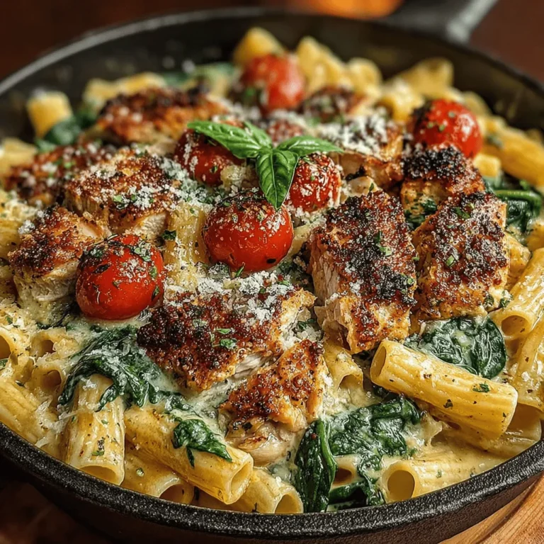 The combination of protein, vegetables, and whole grains in this Creamy Chicken and Spinach Pasta Skillet makes it an appealing option for a variety of dietary preferences. The creamy texture of the sauce perfectly complements the tender chicken and the slight crunch of the spinach, creating a multi-layered flavor profile that is both comforting and indulgent. The richness of the cream, combined with the savory notes of garlic and Italian seasoning, elevates this dish from a simple pasta meal to a gourmet experience.