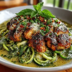 In the realm of quick and delightful dinner options, Creamy Pesto Chicken & Zucchini Noodles stands out as a star. This dish combines tender, flavorful chicken with vibrant zucchini noodles, all enveloped in a rich, creamy pesto sauce. Perfect for busy weeknights, it offers a satisfying meal that doesn’t compromise on nutrition. With its enticing flavors and wholesome ingredients, this recipe appeals to a wide range of dietary preferences, making it an excellent choice for families and individuals alike.