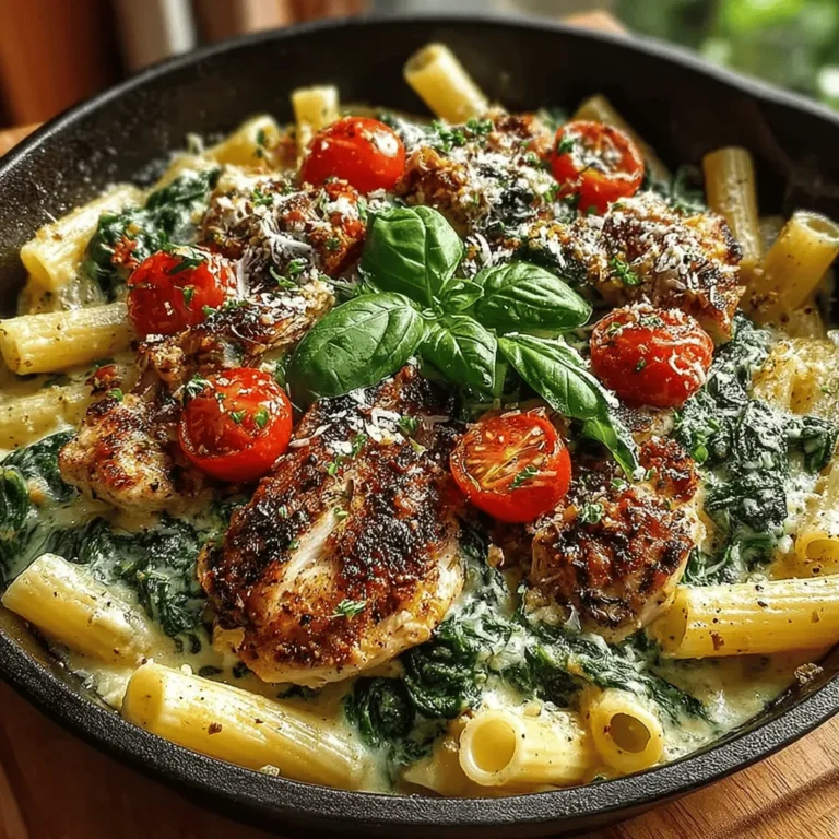 When it comes to weeknight dinners or special gatherings, the Creamy Chicken and Spinach Pasta Skillet emerges as a standout choice that is both easy to prepare and incredibly satisfying. This dish combines tender chicken, fresh spinach, and a luscious creamy sauce, creating a harmonious blend of flavors and textures that appeals to a wide array of palates. The creamy texture of the sauce, paired with the vibrant colors of the ingredients, not only makes for an enticing meal but also adds a touch of comfort to your dinner table.